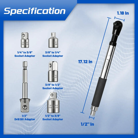 Half Inch Impact Offset Extension Wrench For Tight Spaces Go To Heavy Duty Drill Adapter Extender With 4 Socket Adapters And Drill Bit Adapter Multi Size Socket Converter For Electric Drills And Ratchets shown with specifications.