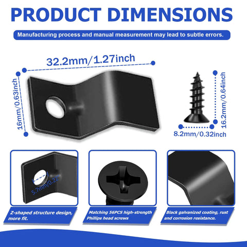 Heavy Duty 28 Pack Black Z Clips For Wood Table Tops Secure Fasteners Galvanized Steel Anti Rust Holders dimensions with screws