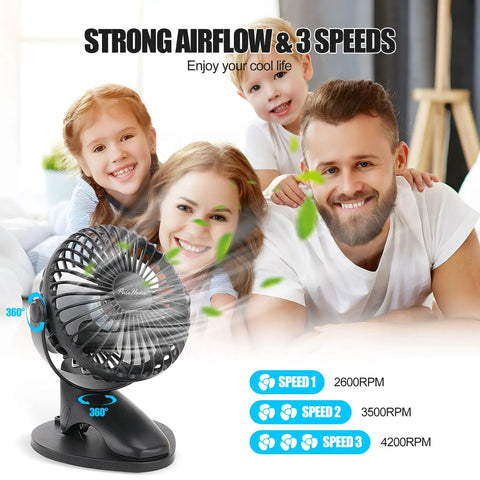 Rechargeable Portable Clip On Desk Fan For Beat The Heat On The Go With 3 Speeds And USB Power, family enjoying strong airflow