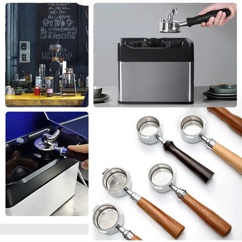 Automatic Electric Portafilter Cleaner Kit And Knock Box Ditch The Coffee Grounds Hassle Quick Flip Disposal Setup with portafilter and knock box.
