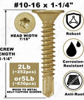 Beefy Bronze Wood To Metal Self Drilling Screws 10 16 Size One And A Quarter Inch Length Self Tapping Trailer Deck Screws With Torx Drive T25, 2 Lb Pack About 252 Pieces showing dimensions and features.