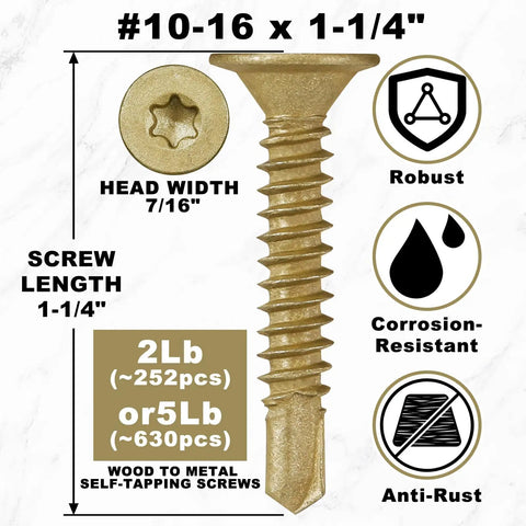 Beefy Bronze Wood To Metal Self Drilling Screws 10 16 Size One And A Quarter Inch Length Self Tapping Trailer Deck Screws With Torx Drive T25, 2 Lb Pack About 252 Pieces showing dimensions and features.