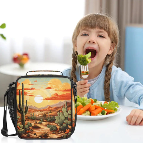 Child with vegetables next to Flower Cactus Desert Insulated Lunch Tote With Leakproof Waterproof Exterior