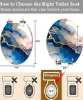 Elongated Decorative Toilet Seat for Bathroom, size 14.5" x 18.5", illustrated measuring guide, blue and gold design.