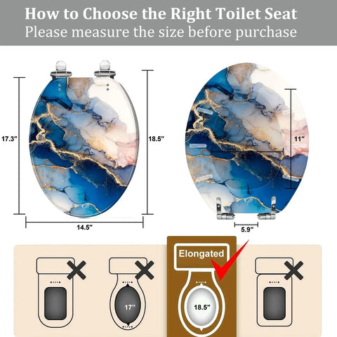 Elongated Decorative Toilet Seat for Bathroom, size 14.5" x 18.5", illustrated measuring guide, blue and gold design.