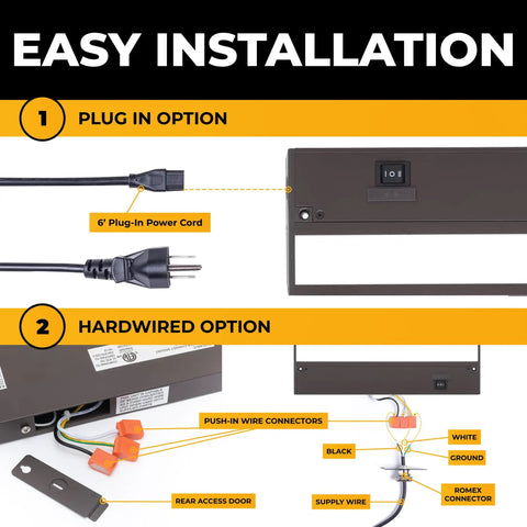 Hardwired Or Plug In LED Under Cabinet Lighting Kit 24 Inch Bronze Finish with easy installation options shown