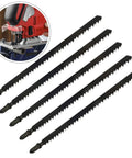 Five Piece T Handle Carbon Steel Jigsaw Blades 180mm Replacement Saw Set For Hardwood Plywood And Curve Cutting Gear lying on a white background.
