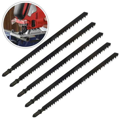 Five Piece T Handle Carbon Steel Jigsaw Blades 180mm Replacement Saw Set For Hardwood Plywood And Curve Cutting Gear lying on a white background.