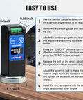Digital camber gauge for car alignment showing instructions, measures 2.54x0.98x1.77 inches, with secure magnet base.