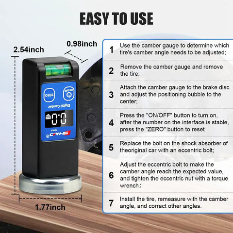 Digital camber gauge for car alignment showing instructions, measures 2.54x0.98x1.77 inches, with secure magnet base.