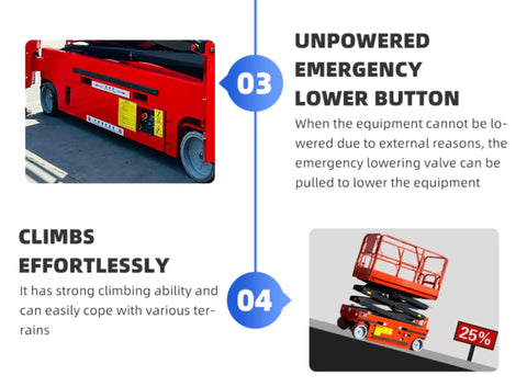 Heavy Duty Tracked Scissor Lift Featuring Hydraulic Work Platform For Rough Terrain Sites showing emergency lower button and climbing ability.
