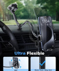 Heavy Duty Universal Car Truck Phone Mount With Rock Solid 14 Inch Gooseneck Long Arm and No Fuss Quick Release Button on dashboard.