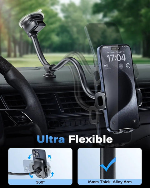 Heavy Duty Universal Car Truck Phone Mount With Rock Solid 14 Inch Gooseneck Long Arm and No Fuss Quick Release Button on dashboard.