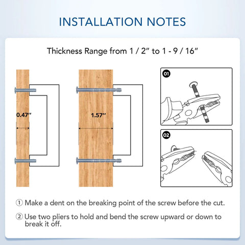 Installation guide for 10 Pack Square Cabinet Pulls 10 Inch Brushed Brass Gold Kitchen Cabinet Handles, showing screw thickness and cutting instructions.
