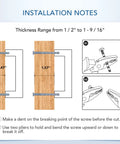 Installation notes for Matte Black 10 Inch Square Cabinet Pulls, showing thickness range and screw cutting technique.
