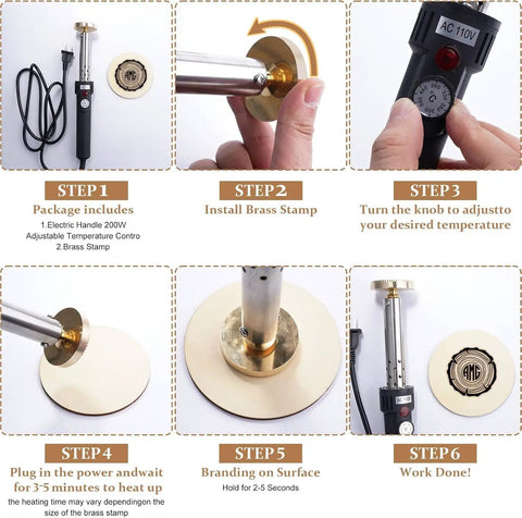 Badass Electric Branding Iron For Wood With Smart Temperature Control Custom Wood Burning Stamp and Tool for Personalized Logo Text steps for setup and use.