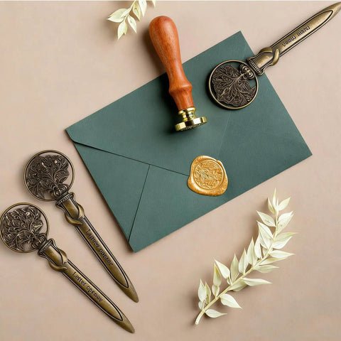 Antique Metal Letter Opener Set Pack Of 3 with Gift Box tree-shaped envelope slitter in bronze finish beside green envelope