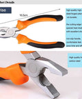 Close-up of high-carbon steel pliers with non-slip PVC handles, part of 19 In 1 Precision Hardware Kit For DIY Home Projects.