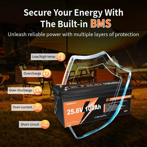 Rugged 24V 100Ah LiFePO4 Battery With 100A BMS Delivers 2560Wh Of Power Built For 15000 Plus Deep Cycles highlighted in outdoor setting