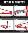 Set up steps for 12 Ton Portable Hydraulic Ram Jack Pump Kit with Heavy Duty Lifting Power for Auto Body repairs.