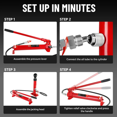 Set up steps for 12 Ton Portable Hydraulic Ram Jack Pump Kit with Heavy Duty Lifting Power for Auto Body repairs.