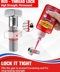 Image of Red Thread Locker High Strength Threadlocker For Nuts Bolts And Fasteners Permanent Anaerobic Glue For Automotive And Machinery 50 Ml applied to metal bolt.