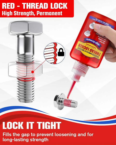 Image of Red Thread Locker High Strength Threadlocker For Nuts Bolts And Fasteners Permanent Anaerobic Glue For Automotive And Machinery 50 Ml applied to metal bolt.