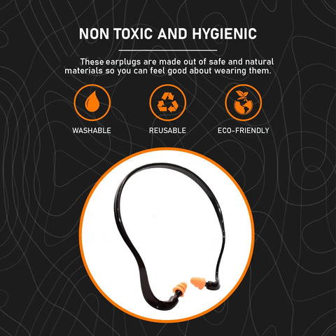Image of Two Pairs Soft Banded Silicone Reusable Ear Plugs For Sleep And Swim With 22dB NRR displayed with non-toxic features.