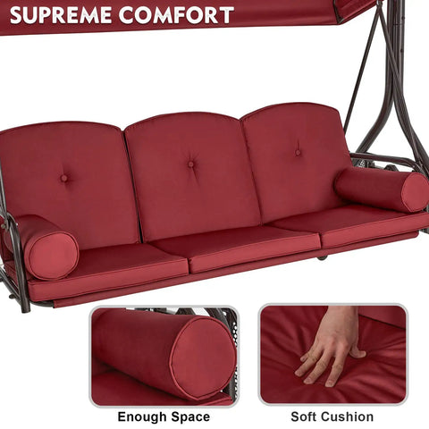 Three Seat Outdoor Porch Swing With Adjustable Canopy Convertible Patio Swing Bed With Stand Glider Swing With Upgraded Cup Holder And Thick Cushions For A Cozy Backyard Vibe In Wine Red, showing cushioned seating and armrests in detail.