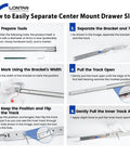 Step-by-step guide for separating center mount drawer slides using tools, showing installation of 16 inch heavy duty rails.