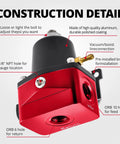 EVIL ENERGY fuel pressure regulator, red aluminum body angled front view with 6AN EFI bypass, feed and return ports visible