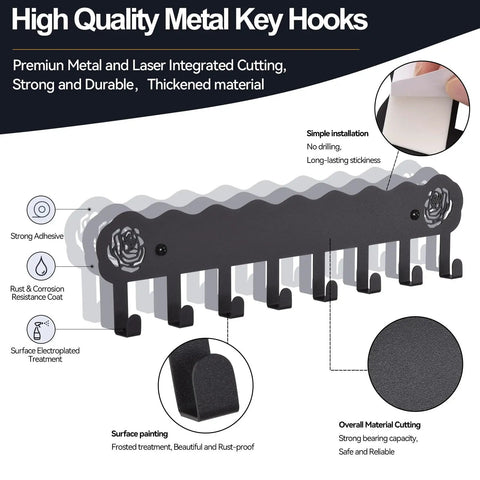 Adhesive Wall Key Holder With 8 Hooks No Drill Key Rack Easy Install Matte Black Finish For Entryway Kitchen Hallway RV
