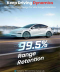 Tesla Model Y with ultra-low drag design showing 99.5% range retention, tested in wind tunnel, for maximum range performance.