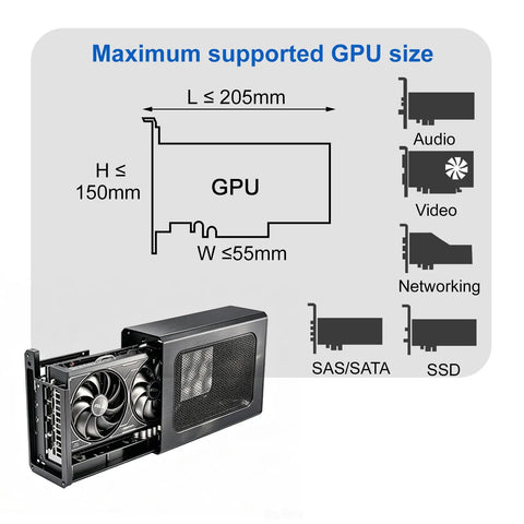 External Gpu Enclosure Featuring Thunderbolt 4 And 3 Plus Usb4 Compatibility Alongside A Robust 240W Psu, max GPU size dimensions displayed.