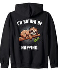 Back view of black hoodie featuring sloth design and text 'I'd Rather Be Napping'. Cozy sloth themed lounge wear.