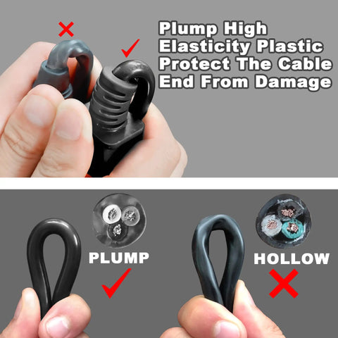 60 Foot Outdoor Extension Cord Black 16 AWG SJTW Heavy Duty 3 Prong Power Cable showing plump vs hollow end protection.