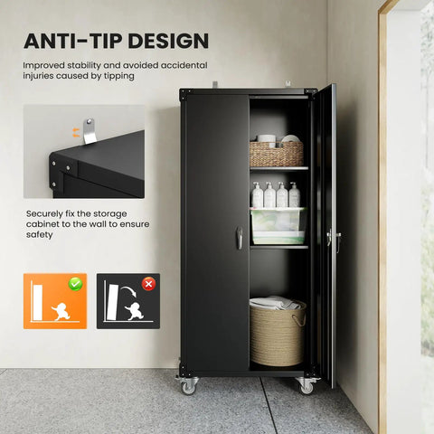 72 Inch Garage Storage Cabinet With Lockable File Cabinet And Tool Organizer, Heavy Duty Steel Storage Solution For Garage Workshop Or Home Office showing anti-tip wall mount