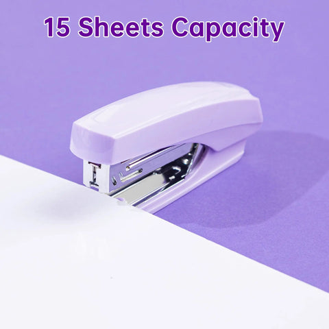 Purple stapler from Purple 14 In 1 Desk Organizer Set With 360 Degree Rotary Stand And Phone Holder, 15 sheets capacity