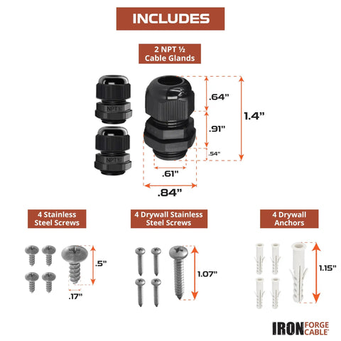 Components included with Outdoor Electrical Box 8x8x3.2 Inches White Waterproof IP65 ABS, featuring cable glands, screws, and anchors.