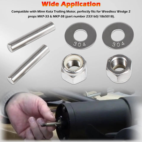 Prop And Nut Kit E For Minn Kota Trolling Motors MKP 33 And MKP 38 Weedless Wedge 2 Propellers Includes Prop Nuts And Washers Easy Swap Shear Pin Replacement 1865019, showing nuts and washers with installation.