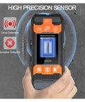 Ace Multifunction Stud Finder And Wall Scanner With Integrated Laser Rangefinder, Spot On Copper Pipe And Wire Detection, Crisp Backlit Screen For Hassle Free Home Renovation Projects in use, highlighting detection features.