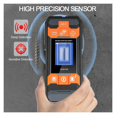 Ace Multifunction Stud Finder And Wall Scanner With Integrated Laser Rangefinder, Spot On Copper Pipe And Wire Detection, Crisp Backlit Screen For Hassle Free Home Renovation Projects in use, highlighting detection features.