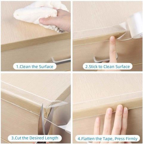 Clear Furniture Edge Protector Strips Ultra Soft Premium Polymer Corner Bumpers application step-by-step instructions on a wooden surface.