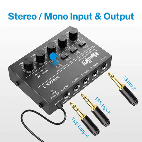Top view of Gig Ready 4 Channel Stereo Audio Mixer USB Powered 5V Ultra Low Noise Submixing Console with input and output jacks.