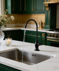 Top Shelf Stainless Steel Drinking Water Faucet For Under Sink Water Filter System Featuring Smooth Flow Non Air Gap RO Design oil rubbed bronze finish with water flow in kitchen setting.