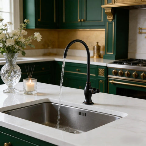 Top Shelf Stainless Steel Drinking Water Faucet For Under Sink Water Filter System Featuring Smooth Flow Non Air Gap RO Design oil rubbed bronze finish with water flow in kitchen setting.