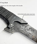 Close-up of full tang blade, Handmade High Carbon Steel Sword With Full Tang Blade Sharp Edge Leather Sheath All Metal Construction