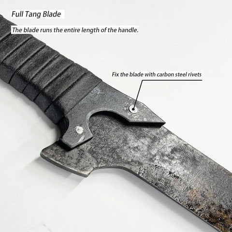 Close-up of full tang blade, Handmade High Carbon Steel Sword With Full Tang Blade Sharp Edge Leather Sheath All Metal Construction
