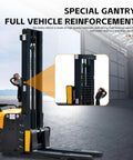 Compact Electric Pallet Stacker Forklift for Smooth Warehouse Moves showing strong gantry lift and high-quality materials.