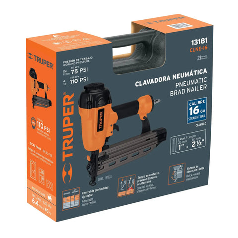Heavy Duty 16 Gauge Pneumatic Air Brad Nailer Shoots One Inch Up To Two And One Half Inch Brads with ergonomic grip and packaging.